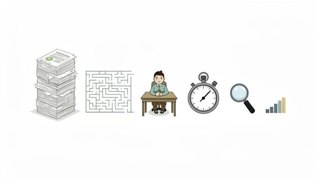 Illustrations showing the complex process of grant writing: paperwork, maze, time, research, and results.