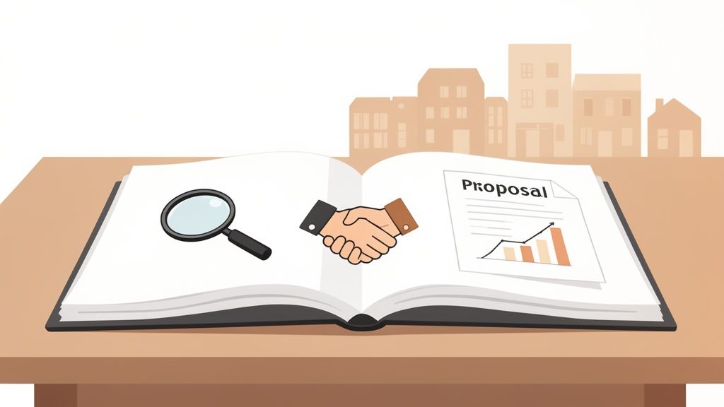 An open book on a desk featuring a magnifying glass, a handshake, and a business proposal with a graph, set against city buildings.