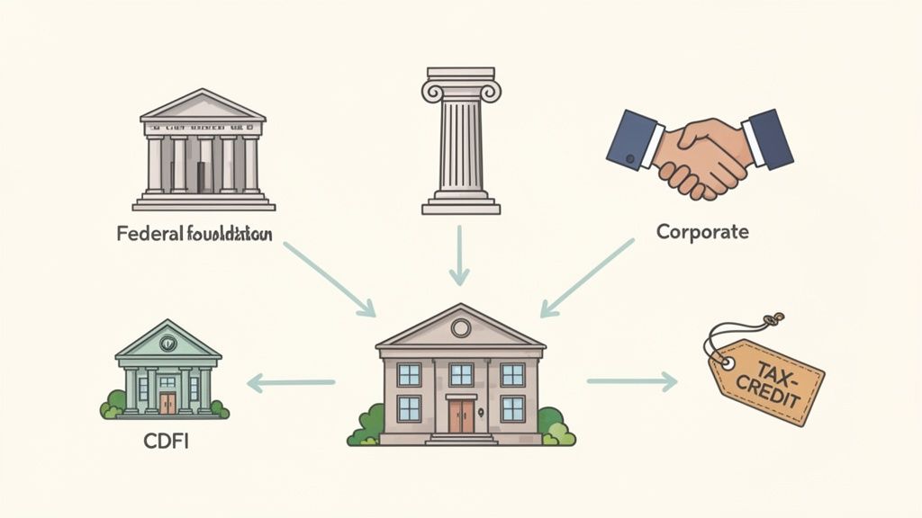 A diagram showing federal foundation, institutional, and corporate funding flowing into a central building, with connections to CDFI and tax credits.