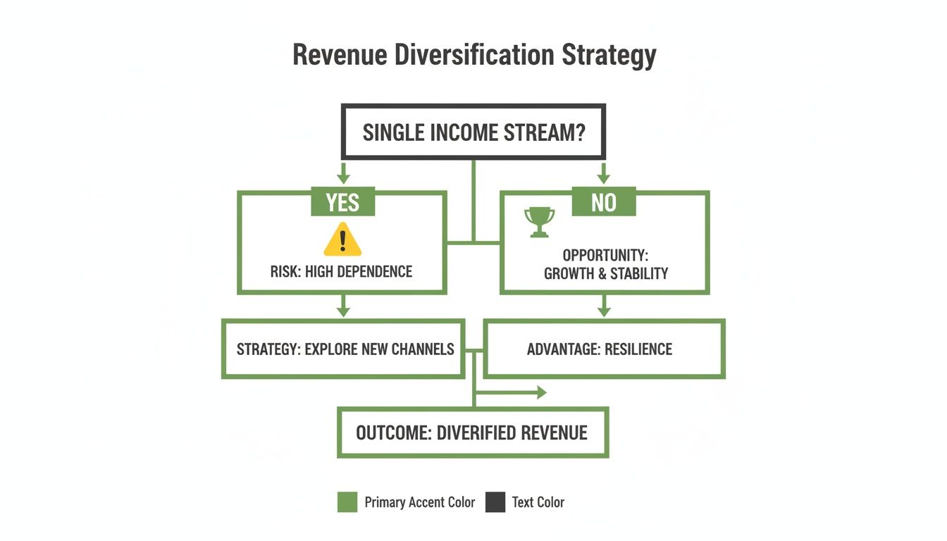 Flowchart on revenue diversification strategy, highlighting risks of single income and advantages of multiple streams.