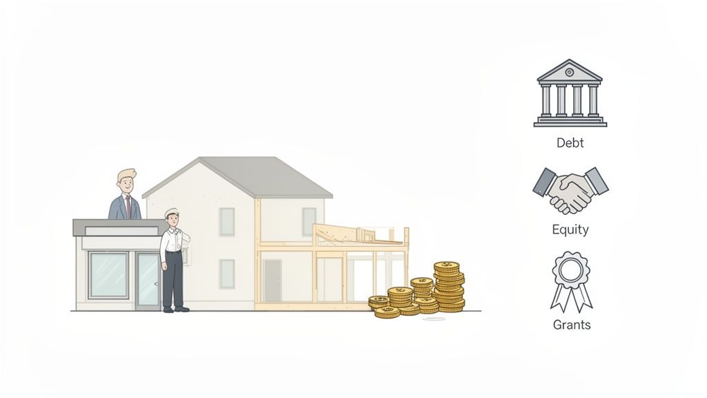 Illustration showing debt, equity, and grants as capital sources for business or construction.