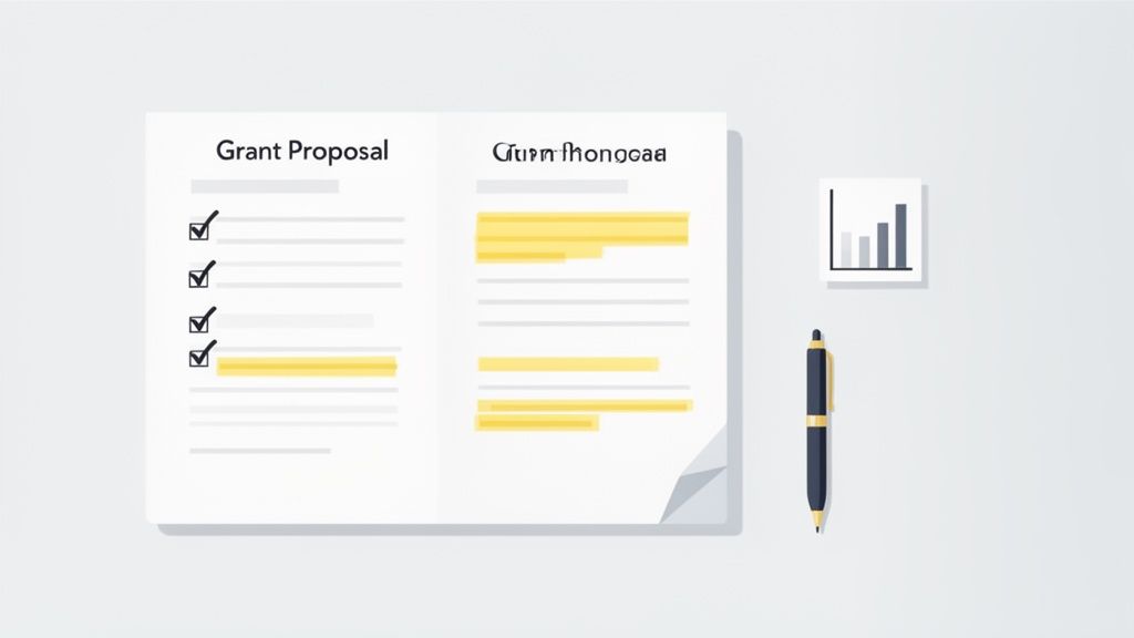 A 'Grant Proposal' document with checkboxes, highlighted text, a pen, and a bar chart icon.