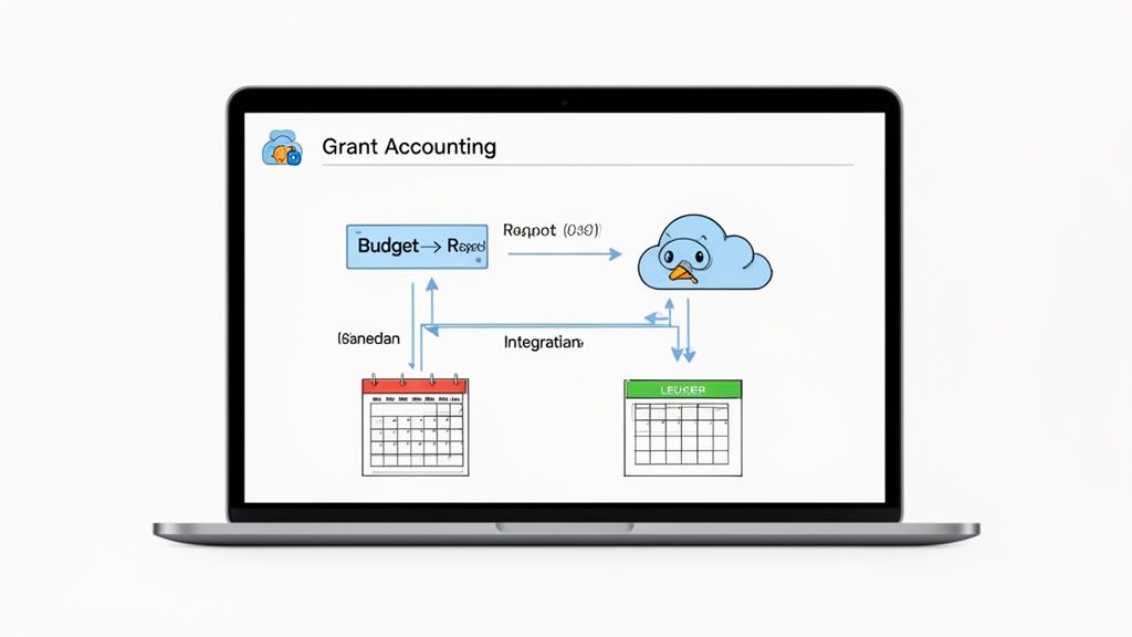 A laptop screen displaying a grant accounting workflow diagram with budget, cloud, and integration elements.