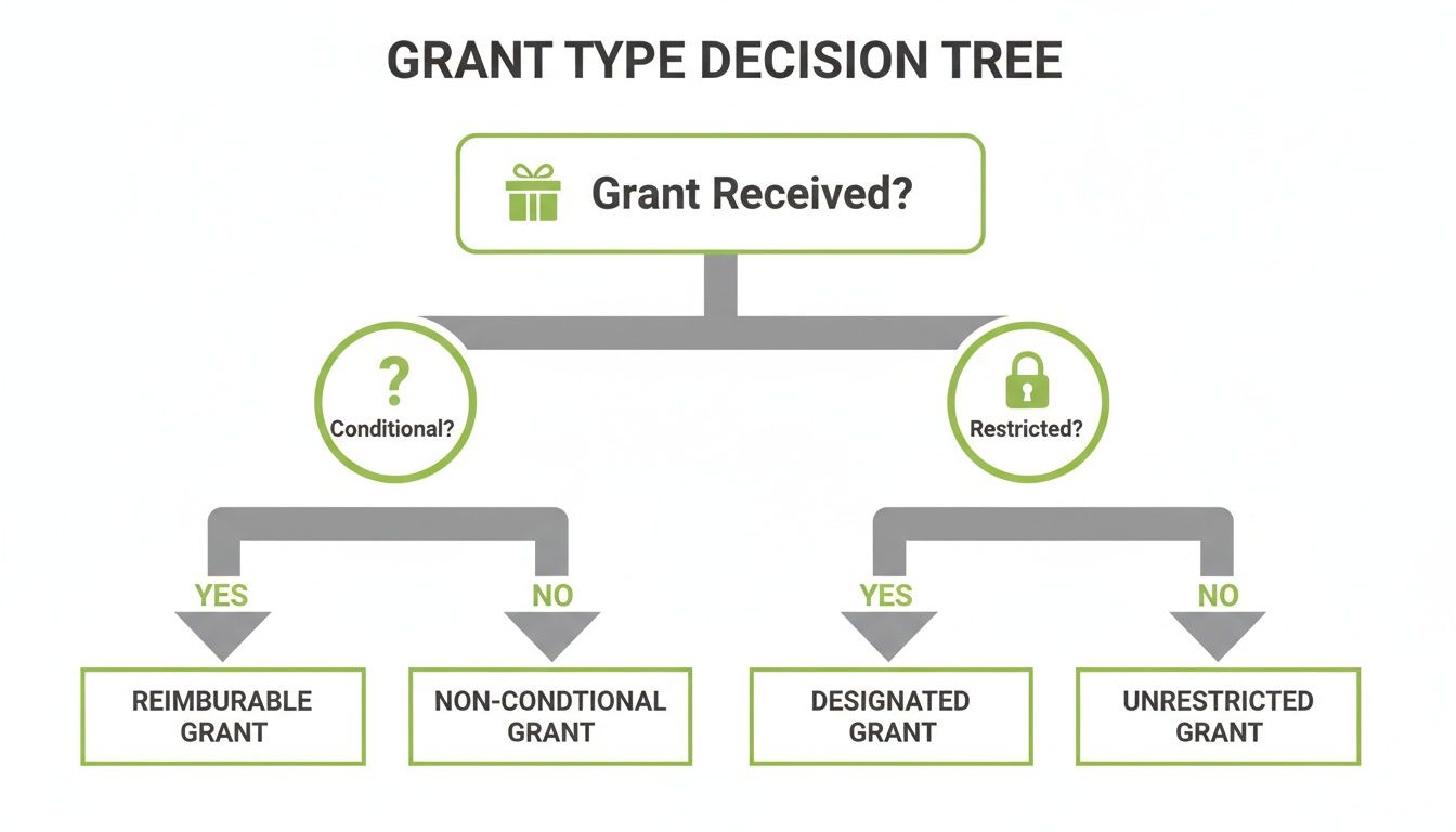 A grant type decision tree flowchart, classifying grants based on conditional and restricted criteria.