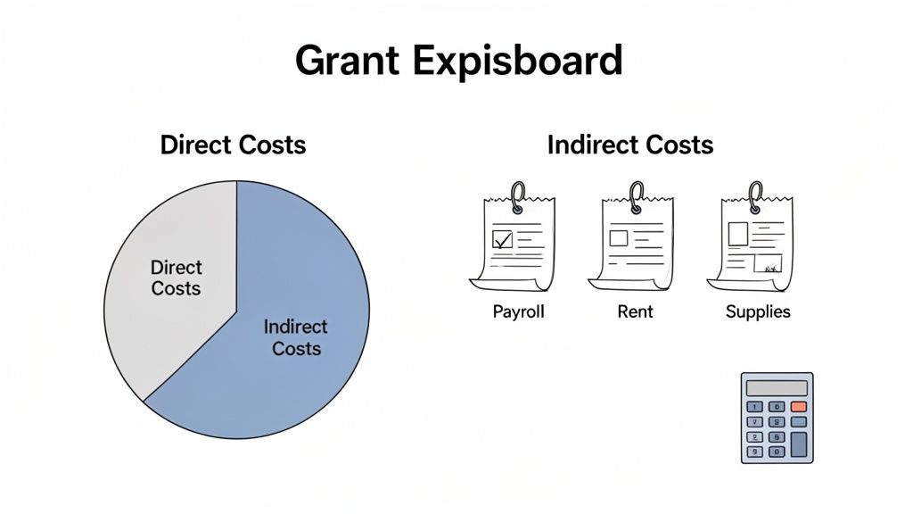 A pie chart illustrates the breakdown of direct and indirect grant costs, showing examples like payroll, rent, and supplies.