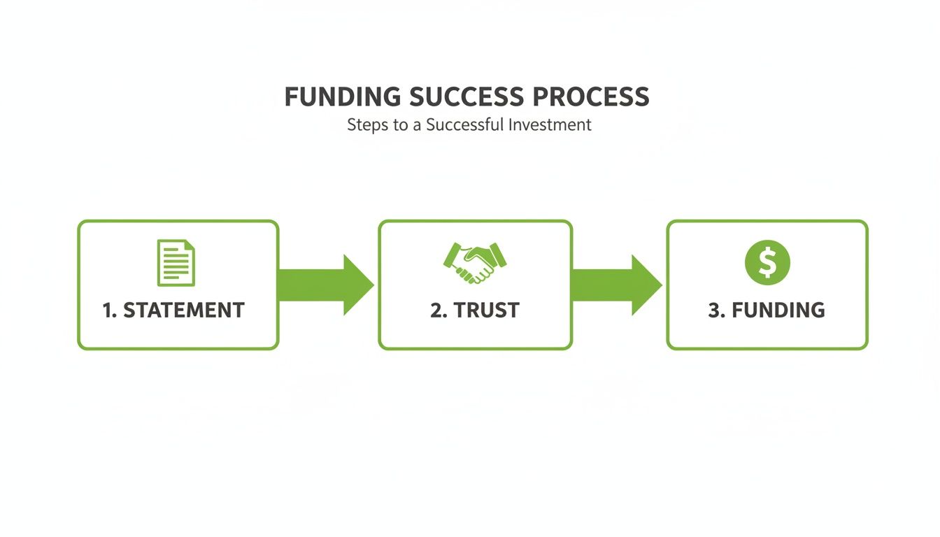 A three-step diagram illustrating the funding success process: statement, trust, and funding.