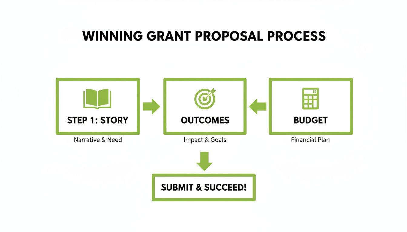 Flowchart illustrating the winning grant proposal process with steps: story, outcomes, budget, and submit.
