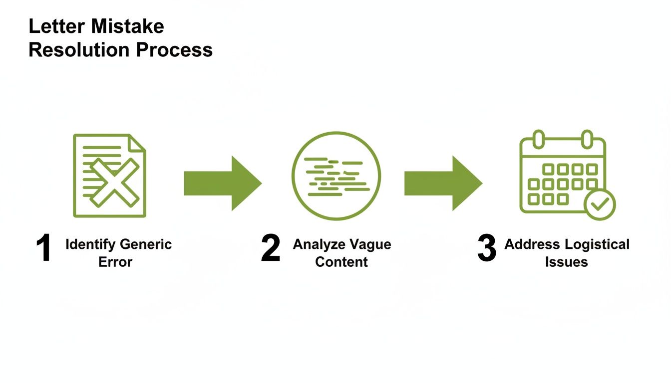 A three-step process flow for resolving letter mistakes: identify error, analyze content, and address logistics.