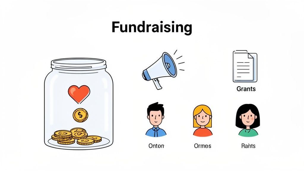 An illustration showing various fundraising elements: a donation jar with coins, a megaphone, grants, and people.