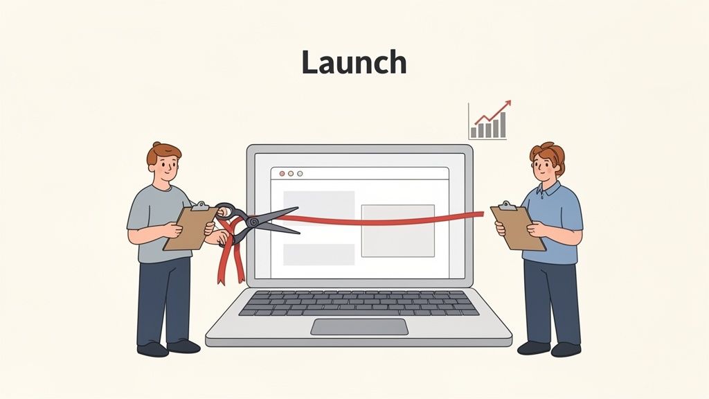 Two people cutting a red ribbon across a laptop screen to signify a product launch.