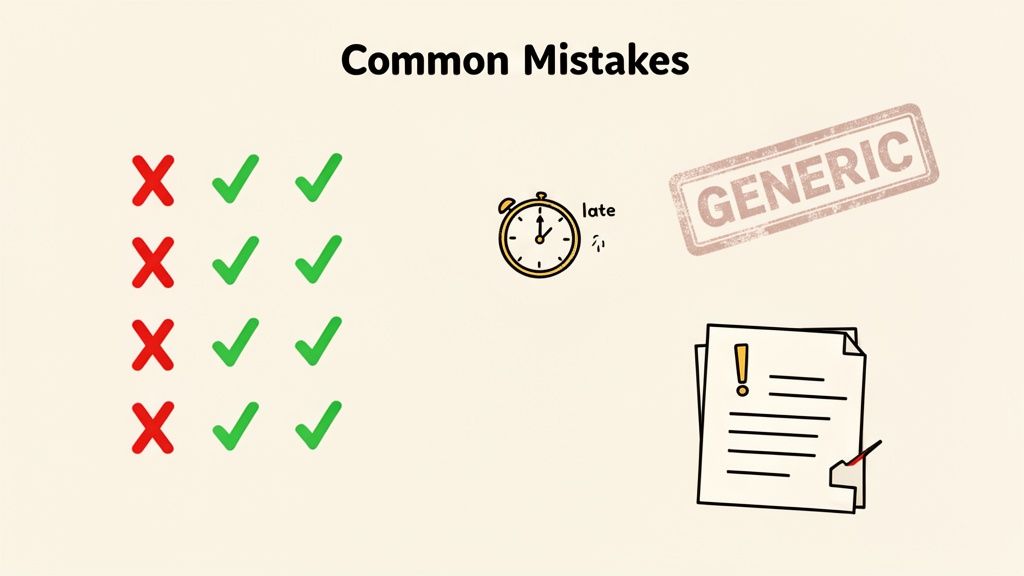 An infographic depicting common errors including time management, generic content, and document mistakes using icons.