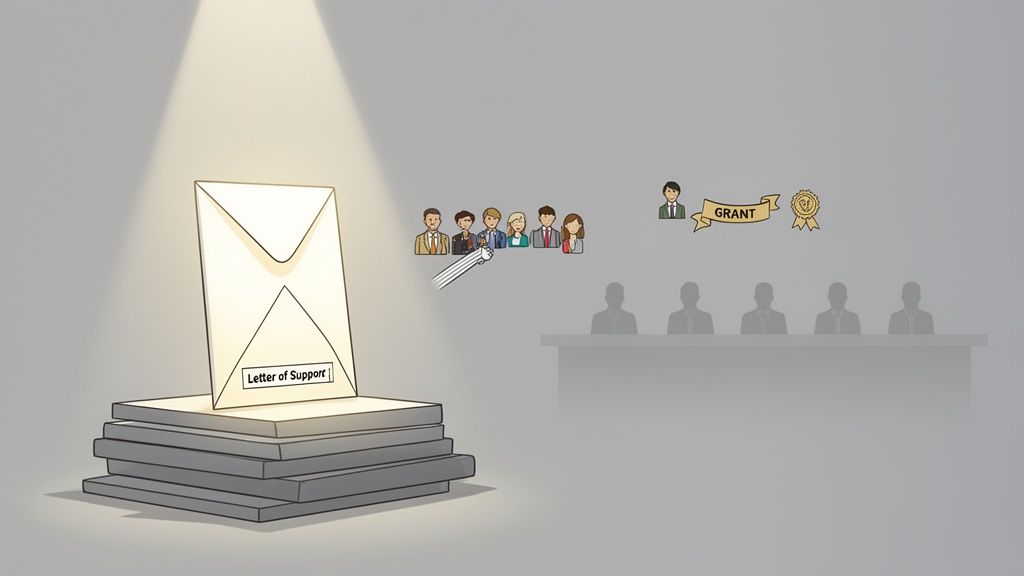 An illuminated 'Letter of Support' on a stack of papers, symbolizing a successful grant application process.