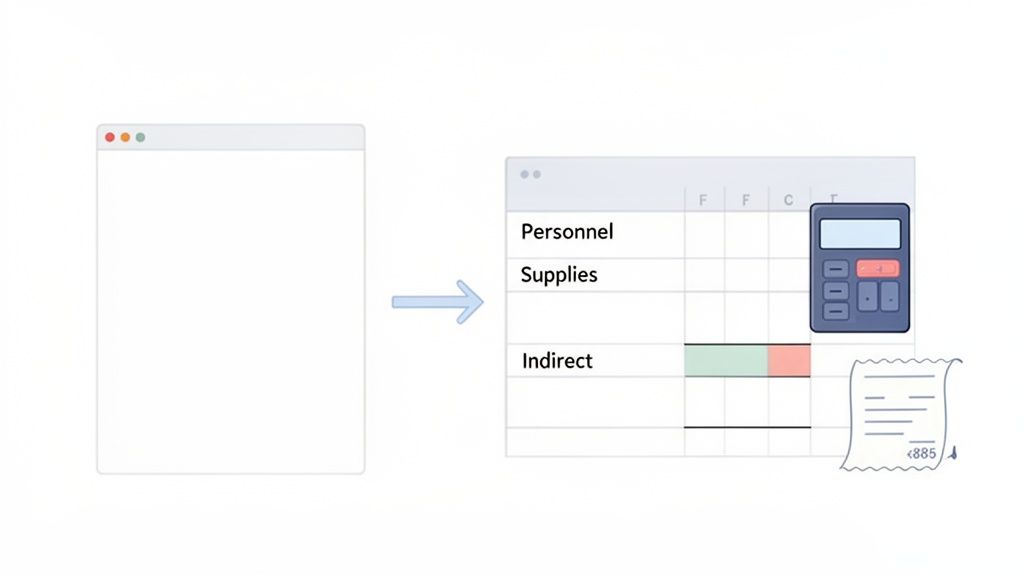Illustration showing a blank browser window transforming into a budget spreadsheet with categories, a calculator, and a receipt.