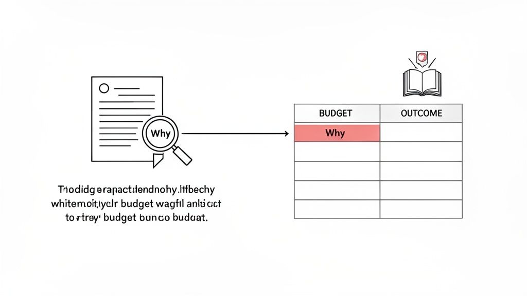 Illustration of analyzing a document with a 'Why' magnifying glass, leading to a budget and outcome table.