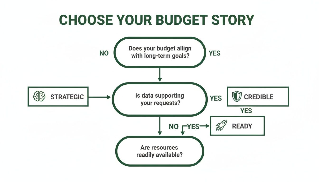 Flowchart on building a budget story, evaluating long-term goals, data support, and resource availability for strategic success.