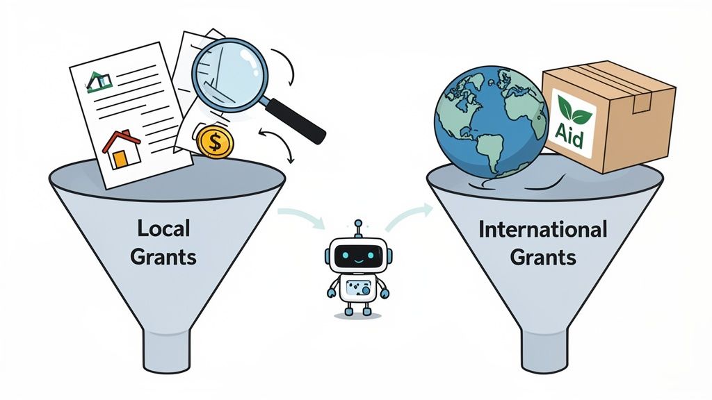 A robot processes local and international grants, depicted by funnels with documents, money, globe, and aid box.