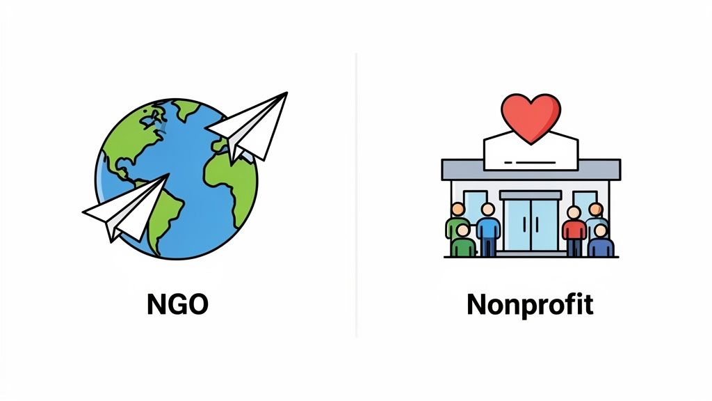 Two icons illustrating the concepts of an NGO (globe with paper planes) and a Nonprofit (building with heart and people).