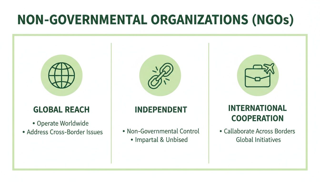 Infographic illustrating Non-Governmental Organizations (NGOs) with global reach, independence, and international cooperation features.