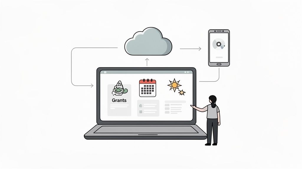 An illustration of a person managing grants on a laptop, with cloud synchronization and a smartphone.