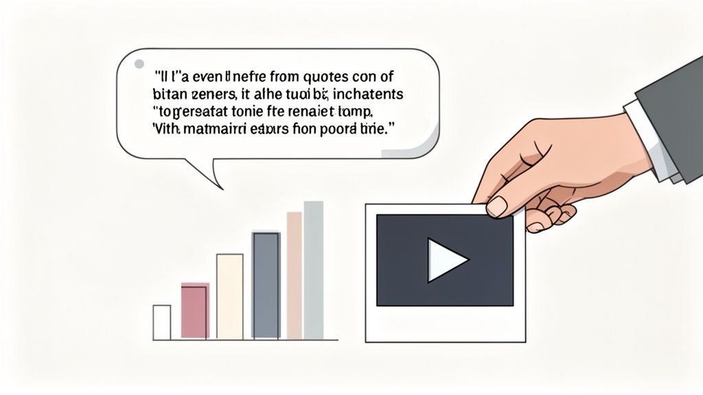 An illustration featuring a speech bubble, a bar chart, and a hand holding a video thumbnail.