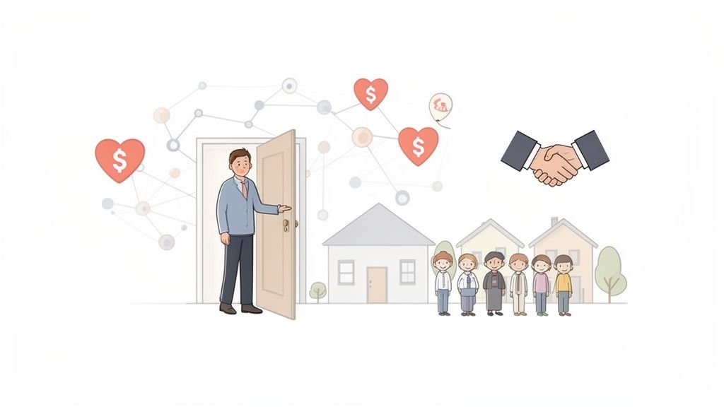 A man welcomes diverse families to a new neighborhood with houses, depicting community, financial support, and partnership.