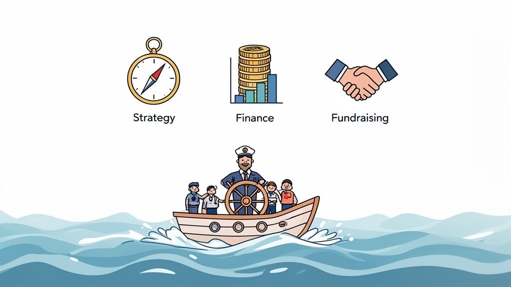 Illustration of a captain and team navigating a boat, representing strategy, finance, and fundraising.