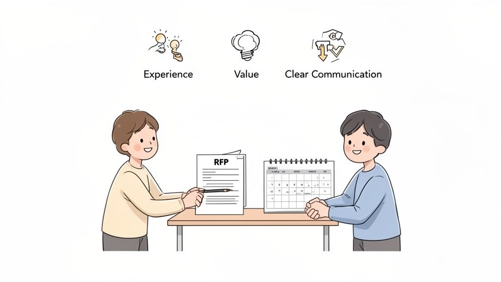 Two cartoon people discussing an RFP document and a calendar, emphasizing experience, value, and clear communication.