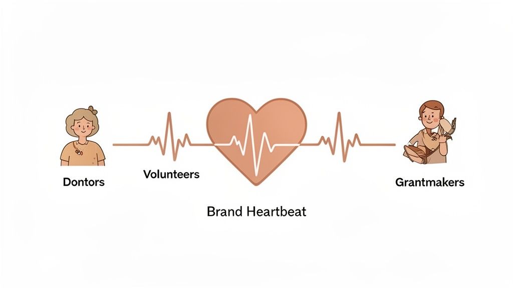 Diagram illustrating 'Brand Heartbeat' connecting donors, volunteers, and grantmakers in a nonprofit ecosystem.