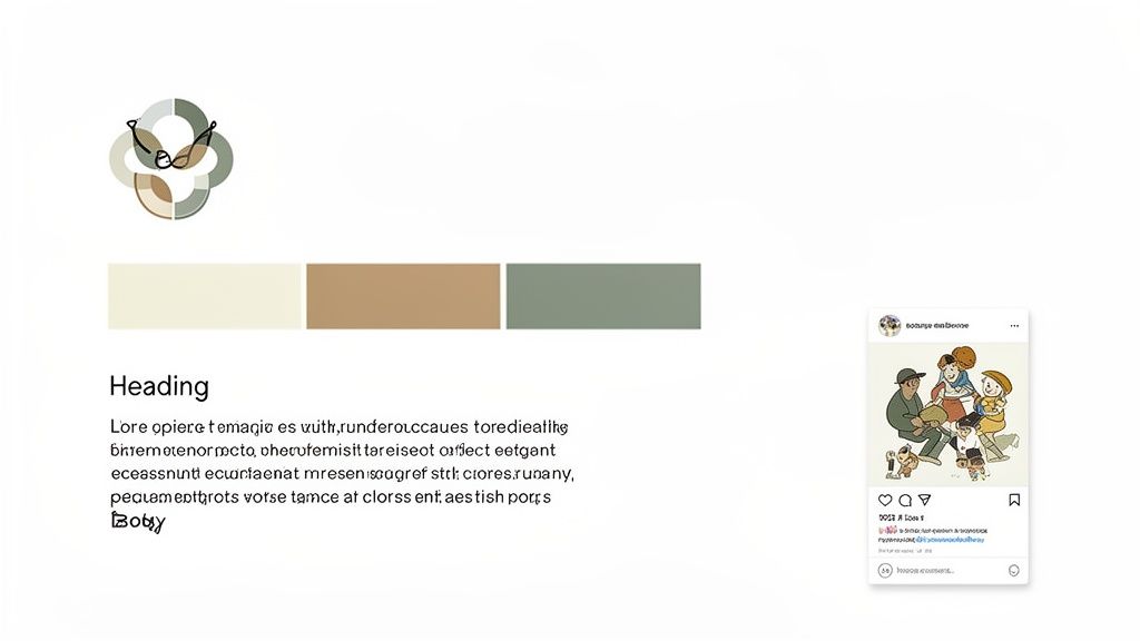 A visual branding guide featuring a unique logo, a four-color palette, text, and an Instagram post mock-up.