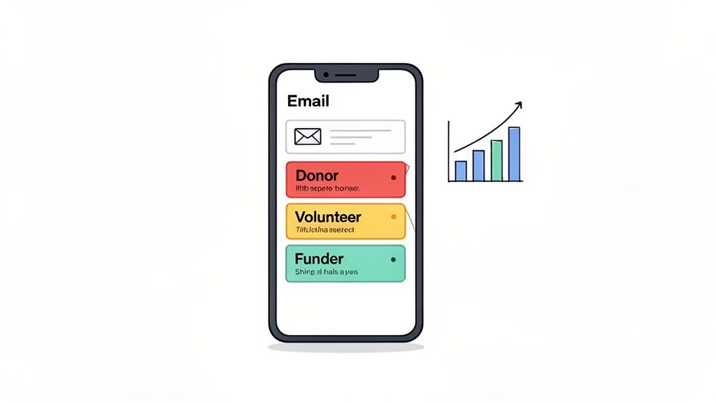 A smartphone displays email categories for Donor, Volunteer, and Funder, next to a growing bar chart.