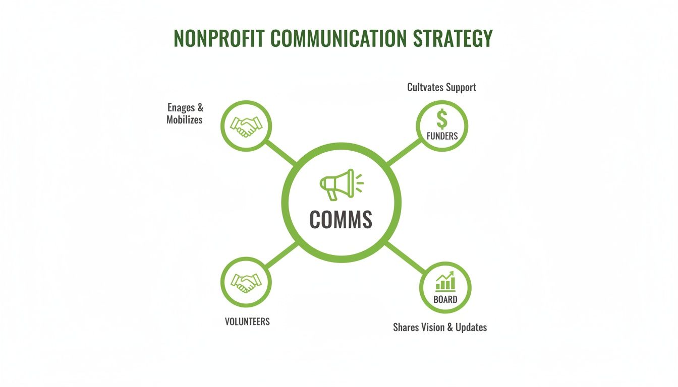 Diagram illustrating nonprofit communication strategy, connecting 'COMMS' to funders, board, volunteers, and stakeholders.