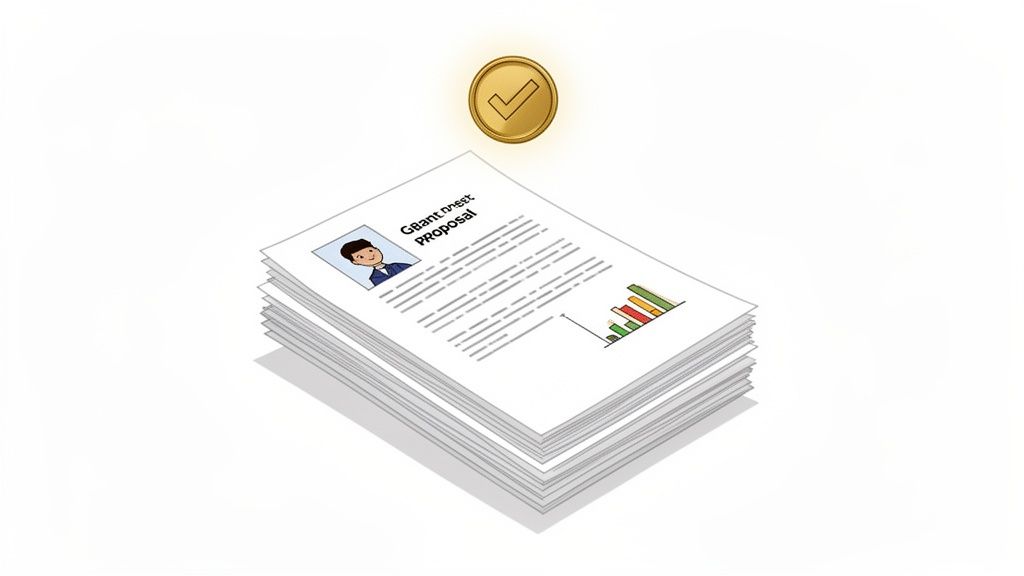 A stack of approved grant proposal documents with a gold coin and checkmark above.