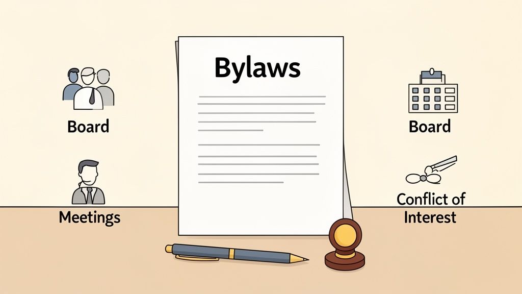 An illustration showing bylaws document, board members, meetings, conflict of interest, pen, and gavel.