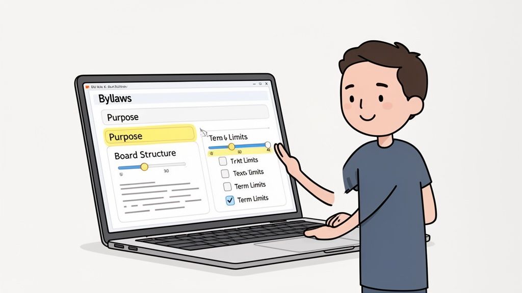 Cartoon man using a laptop to edit nonprofit bylaws, adjusting term limits.