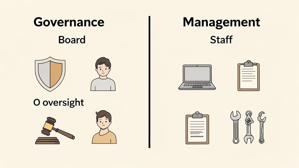 Diagram illustrating the difference between a governance board's oversight and management staff's operational tasks.