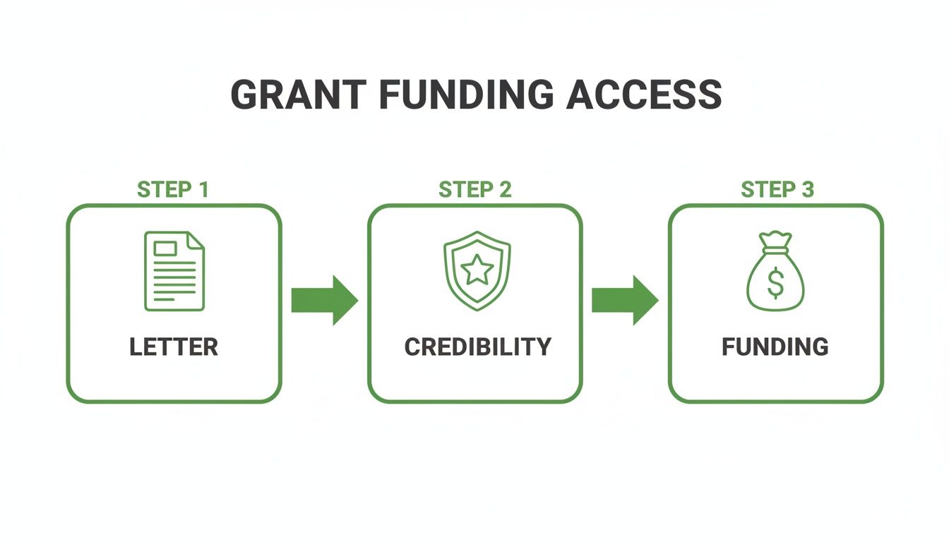 Infographic illustrating the three steps to grant funding access: letter, credibility, and securing funding.