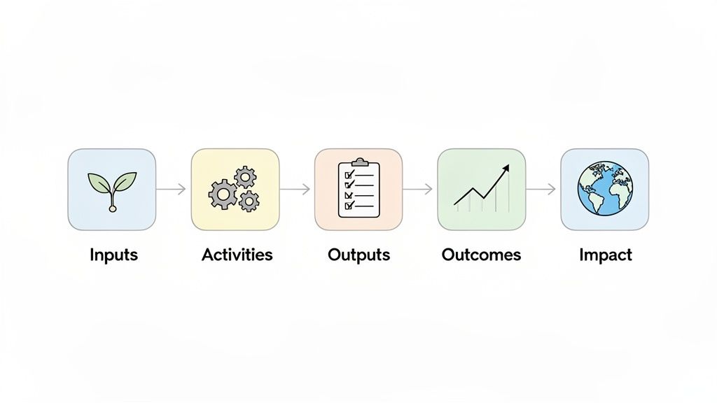 Flowchart illustrating a project logic model: Inputs, Activities, Outputs, Outcomes, and Impact.