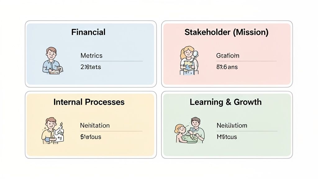 A diagram illustrating a strategic plan framework with financial, stakeholder, internal processes, and learning and growth perspectives.
