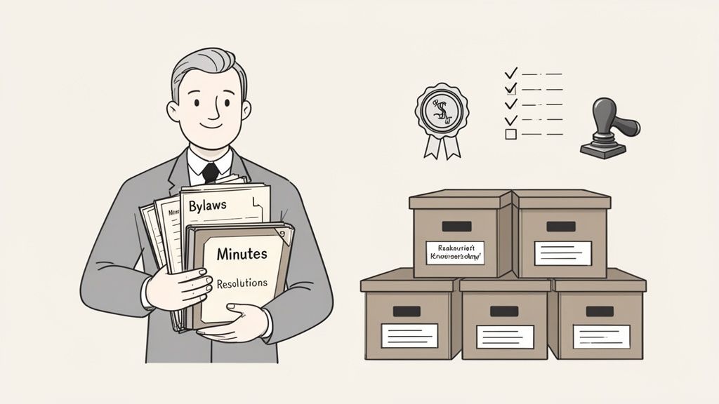 A man in a suit holds folders labeled 'Bylaws', 'Minutes', and 'Resolutions' next to archive boxes.