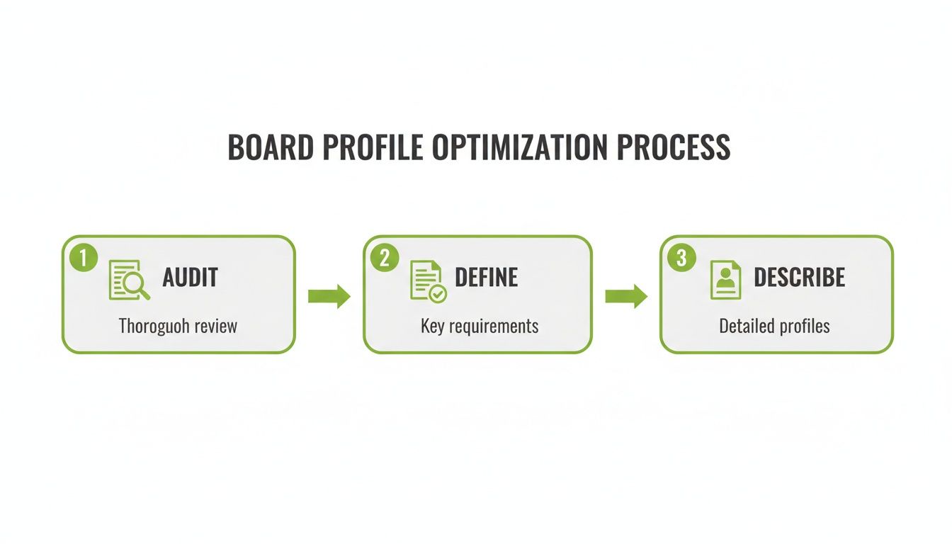 Flowchart illustrating the three-step Board Profile Optimization Process: Audit, Define, and Describe.