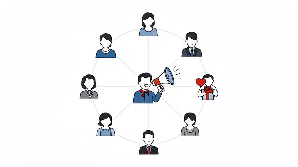 A central figure with a megaphone communicating with seven people in a network, one holding a gift.