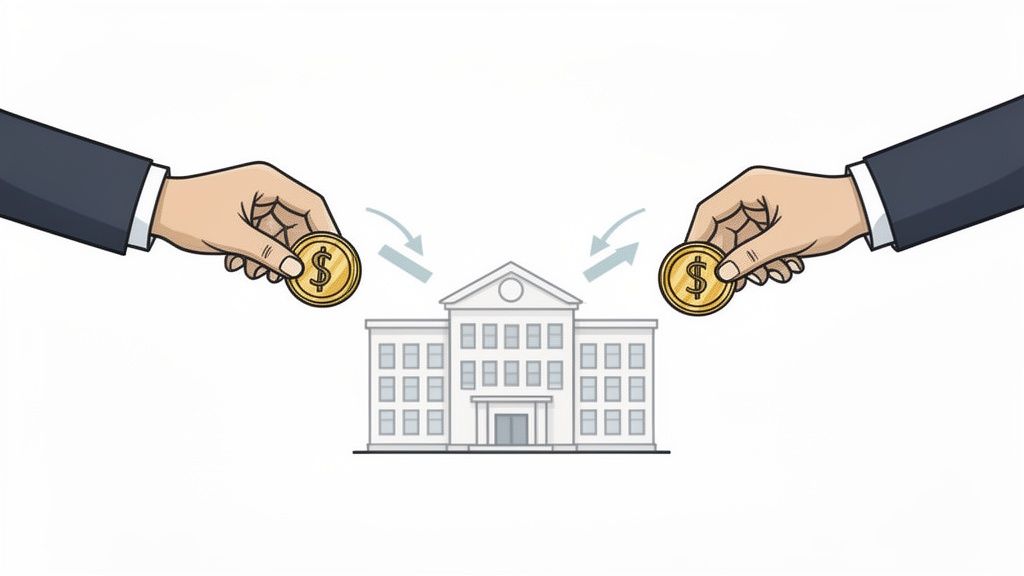 Two hands exchanging dollar coins with a university-like building, symbolizing fundraising or financial transactions.