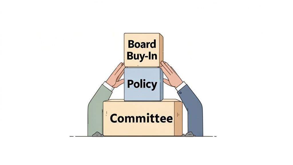 Hands support a stack of blocks: Committee, Policy, and Board Buy-In, representing organizational structure.