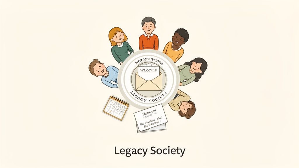 A diverse group of people surrounds a 'Legacy Society' emblem, calendar, and thank you notes.