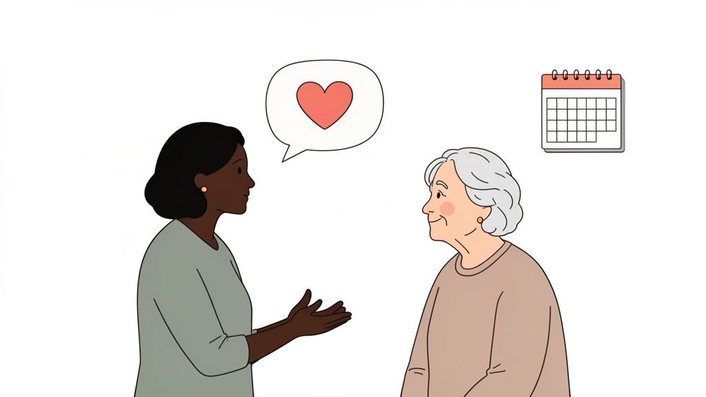 An illustration of a younger woman talking to an older woman, with a heart and calendar icon.