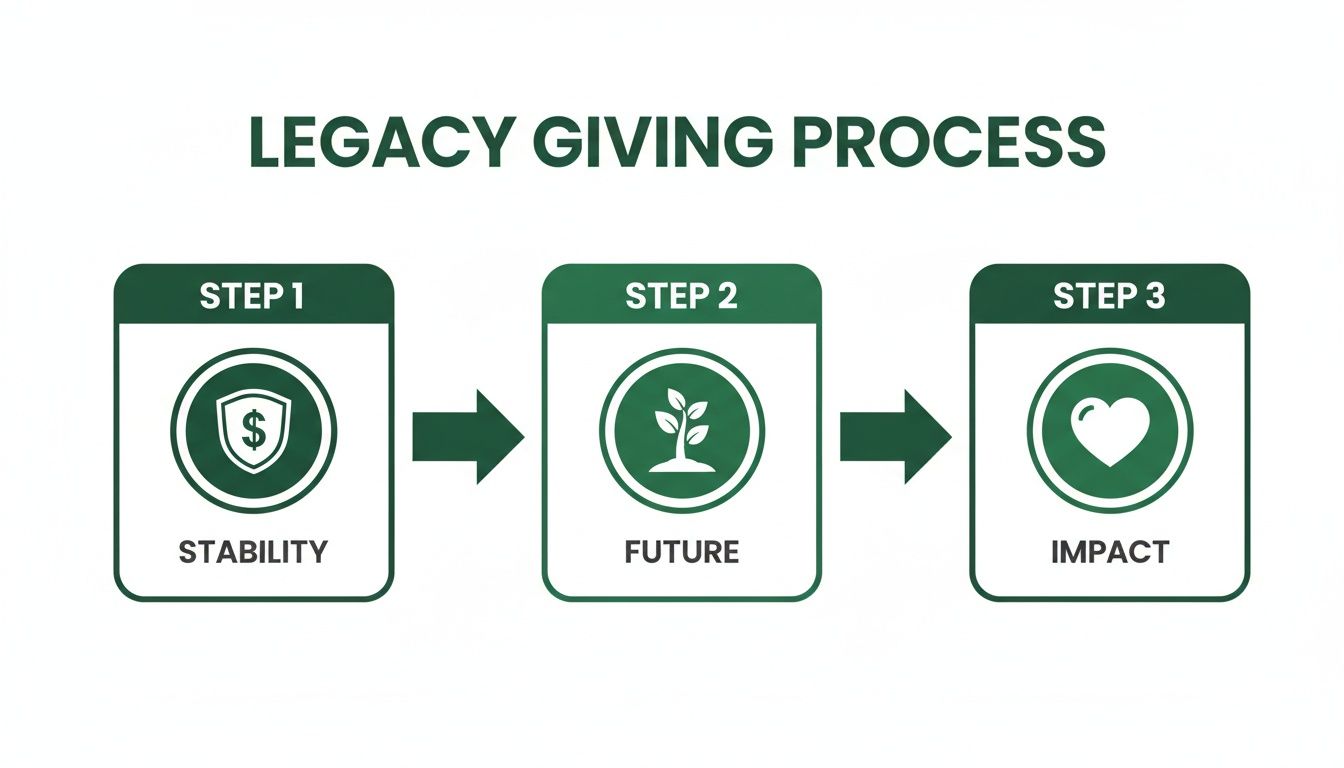 A three-step diagram illustrates the legacy giving process, showing stability, future, and impact with corresponding icons.