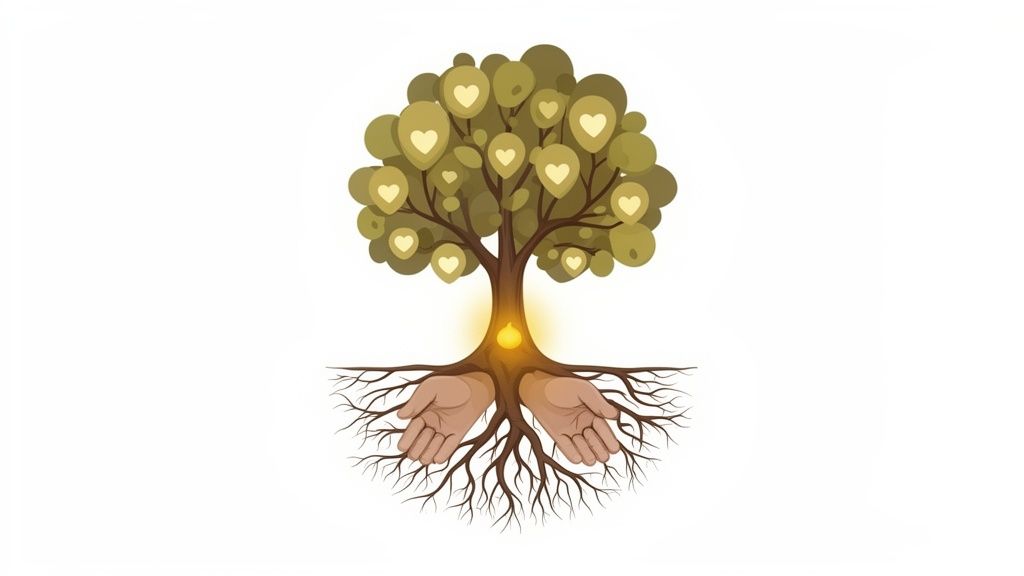 A stylized tree with heart-shaped leaves, a glowing core, and human hands supporting its roots.