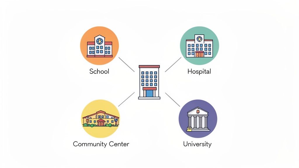 Illustration of a central building connected to a school, hospital, community center, and university.