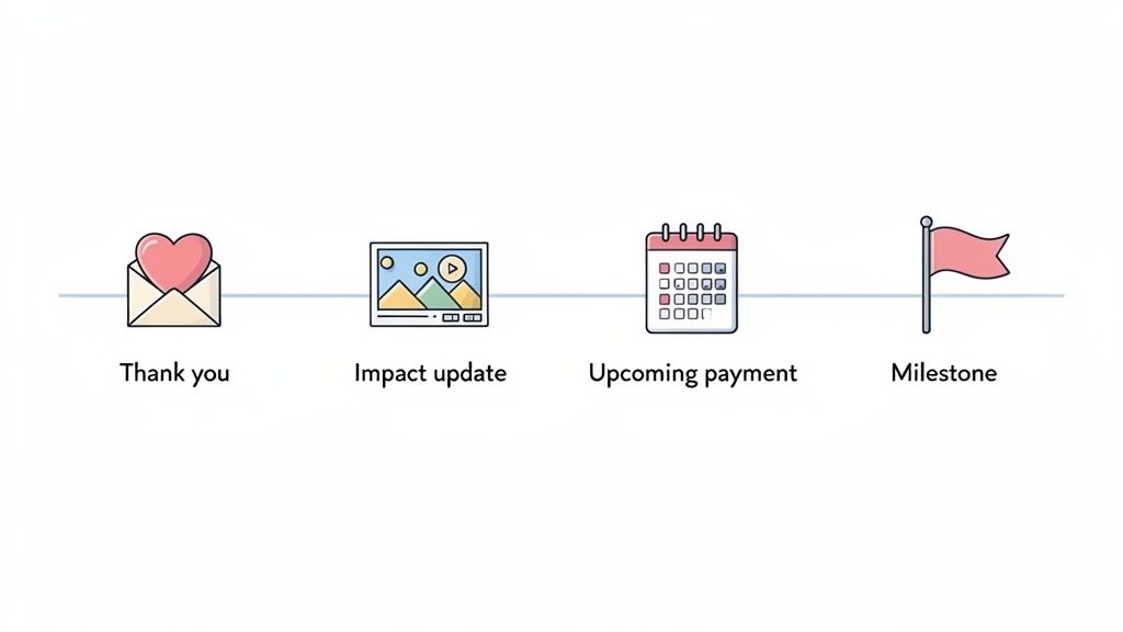 A simple visual timeline illustrating four donor journey stages: Thank you, Impact update, Upcoming payment, and Milestone.