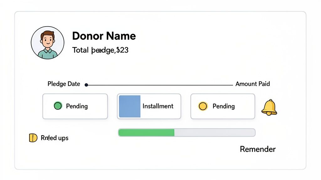 A donor profile card showing pledge details, payment status, and a payment progress bar.